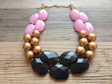 Load image into Gallery viewer, Pink Black &amp; Gold Statement Necklace, Double Strand Beaded Jewelry, black and gold jewelry, bridsmaid wedding necklace, blush pink necklace
