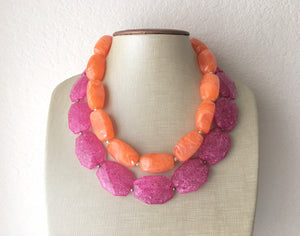 Bright Tropical Pink & Orange Necklace, multi strand jewelry, big beaded chunky statement necklace, pink necklace, bridesmaid necklace