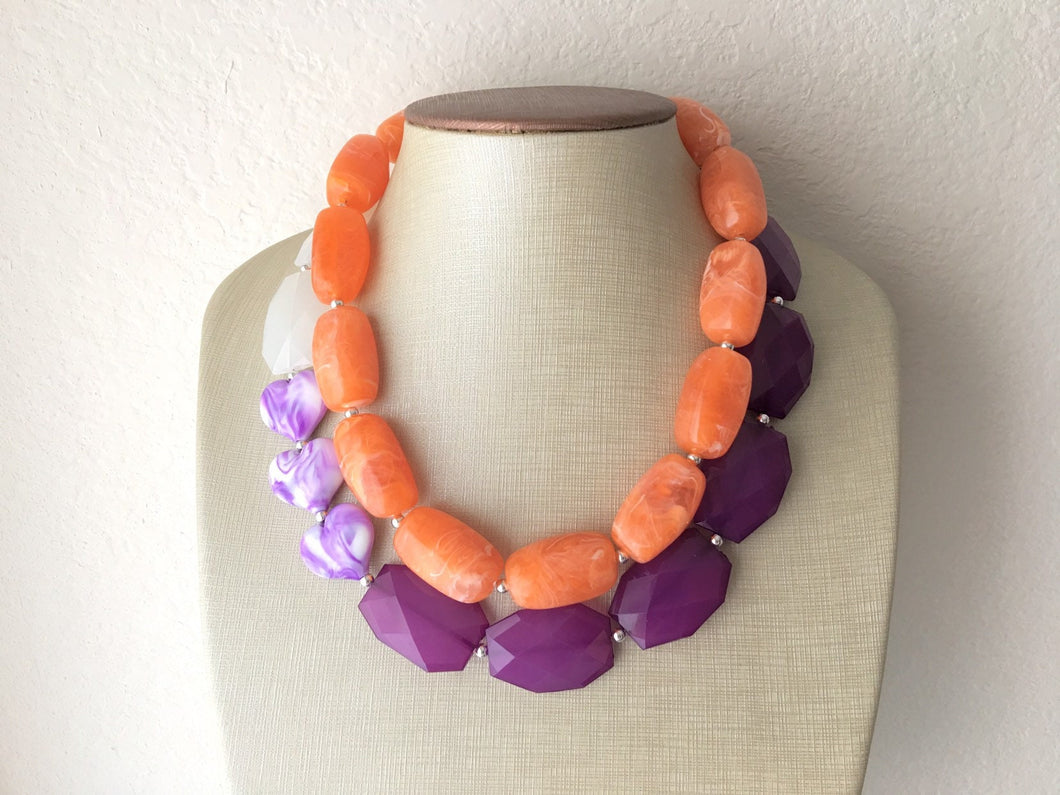 Purple Orange & White Statement Jewelry Set, big Beaded Chunky necklace earrings, Double Strand wedding, bridesmaid necklace, purple