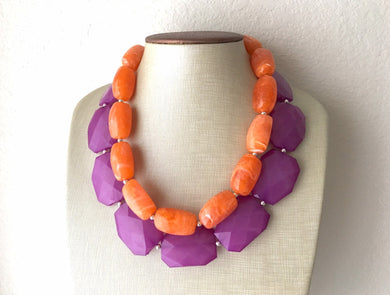 Purple & Orange Necklace, multi strand jewelry, big beaded chunky statement necklace, purple necklace, bridesmaid South Carolina