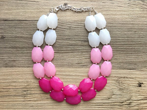 Pink Ombre Necklace - Double strand bright jewelry - big beaded chunky statement blush magenta white