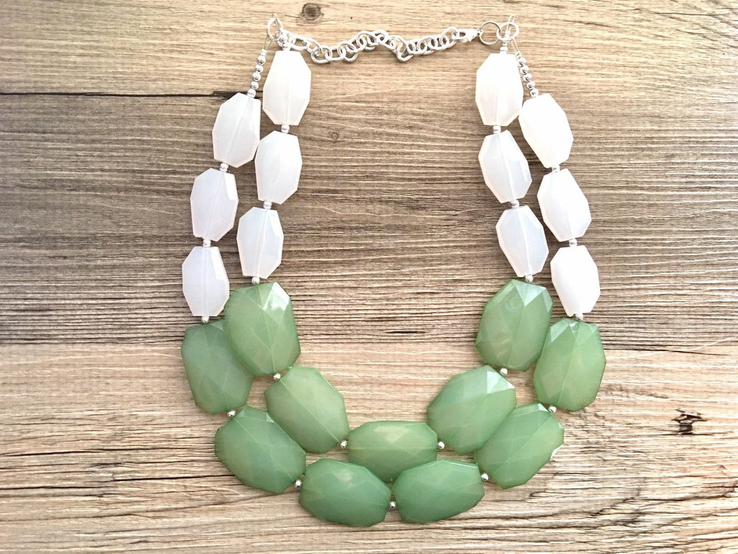 White & Green Statement Necklace, big Beaded Chunky Jewelry, Double Strand wedding or everyday dress, colorful necklace mint