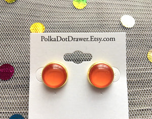 Orange Circle Studs, 12mm resin glass orange earrings, orange druzy jewelry round earring, bridesmaid wedding silver earrings