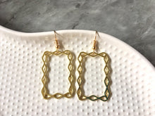 Load image into Gallery viewer, Gold Filigree Frame Earrings, gold drop Earrings, Metal Filigree Earrings, filigree jewelry, gold jewelry cutout lace, metal geometric