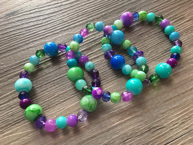 3 Mermaid beaded stretch bracelets, beaded jewelry, crystal stretchy bracelet, rainbow friendship arm stacking lavender green blue purple