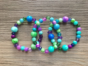 3 Mermaid beaded stretch bracelets, beaded jewelry, crystal stretchy bracelet, rainbow friendship arm stacking lavender green blue purple