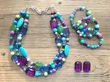 Load image into Gallery viewer, Mermaid Chunky Statement Necklace &amp; Stretch Bracelet set, Triple Strand Beaded Jewelry, purple blue jewelry, green blue bridesmaid