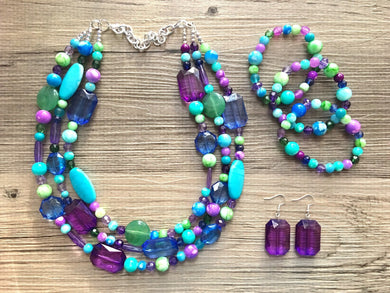 Mermaid Chunky Statement Necklace & Stretch Bracelet set, Triple Strand Beaded Jewelry, purple blue jewelry, green blue bridesmaid