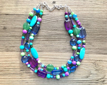 Load image into Gallery viewer, Mermaid Chunky Statement Necklace &amp; Stretch Bracelet set, Triple Strand Beaded Jewelry, purple blue jewelry, green blue bridesmaid