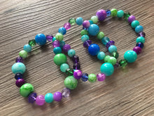 Load image into Gallery viewer, Mermaid Chunky Statement Necklace &amp; Stretch Bracelet set, Triple Strand Beaded Jewelry, purple blue jewelry, green blue bridesmaid