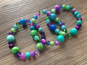 Mermaid Chunky Statement Necklace & Stretch Bracelet set, Triple Strand Beaded Jewelry, purple blue jewelry, green blue bridesmaid