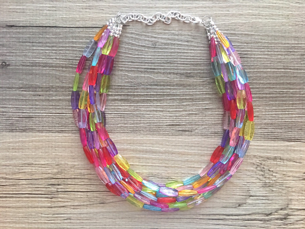 Multi-Color Rainbow Necklace - Big Beaded 8 Strand Chunky Statement Necklace Happy Bright Summer Jewelry