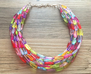 Multi-Color Rainbow Necklace - Big Beaded 8 Strand Chunky Statement Necklace Happy Bright Summer Jewelry