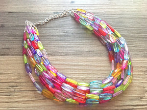 Multi-Color Rainbow Necklace - Big Beaded 8 Strand Chunky Statement Necklace Happy Bright Summer Jewelry