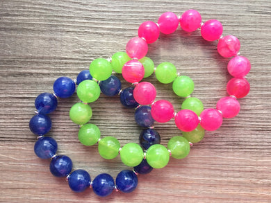 Pink Lime Blue Colorful stretch rainbow bracelets, beaded silver jewelry stretchy bracelet, bubble pride arm stacking bracelet wrap
