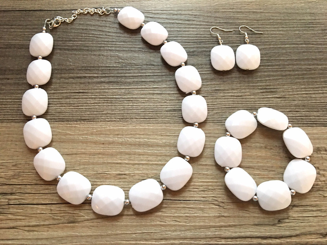 White Statement Necklace Jewelry Set, Chunky Jewelry Big Beaded single Strand Necklace, bracelet earrings white Jewelry Set Silver