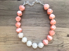 Load image into Gallery viewer, Coral &amp; Silver Statement Necklace earring set, pink jewelry, peach bib chunky necklace, peach geometric necklace, coral earrings