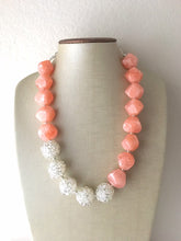 Load image into Gallery viewer, Coral &amp; Silver Statement Necklace earring set, pink jewelry, peach bib chunky necklace, peach geometric necklace, coral earrings