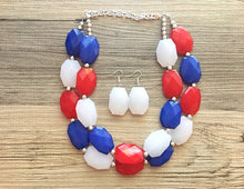 Load image into Gallery viewer, 4th of July Double Layer statement necklace with silver accents - Chunky Jewelry Patriotic America Red White and Blue beads