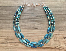 Load image into Gallery viewer, Chunky Multi Strand Blue Shell &amp; pearl Statement Necklace, turquoise oval beaded jewelry, shell necklace, blue jewelry, turquoise necklace
