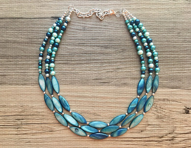 Chunky Multi Strand Blue Shell & pearl Statement Necklace, turquoise oval beaded jewelry, shell necklace, blue jewelry, turquoise necklace