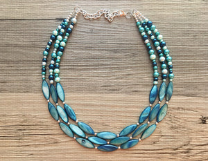 Chunky Multi Strand Blue Shell & pearl Statement Necklace, turquoise oval beaded jewelry, shell necklace, blue jewelry, turquoise necklace