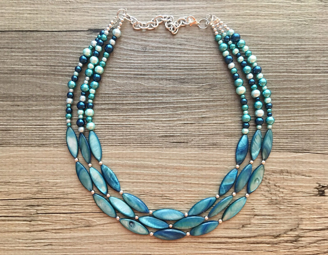Chunky Multi Strand Blue Shell & pearl Statement Necklace, turquoise oval beaded jewelry, shell necklace, blue jewelry, turquoise necklace