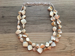 Chunky Double Strand Strand Coral Shell Statement Necklace, creamy tan beaded jewelry, shell necklace coral jewelry, white necklace