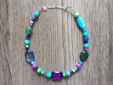 Mermaid Chunky Statement Necklace & Stretch Bracelet set, Single Strand Beaded Jewelry, purple blue jewelry, green blue bridesmaid