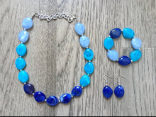 Load image into Gallery viewer, Blue Ombré Chunky Statement jewelry set, Big bib beaded jewelry, Single Strand Statement Necklace earrings, bridesmaid wedding, Magnolia