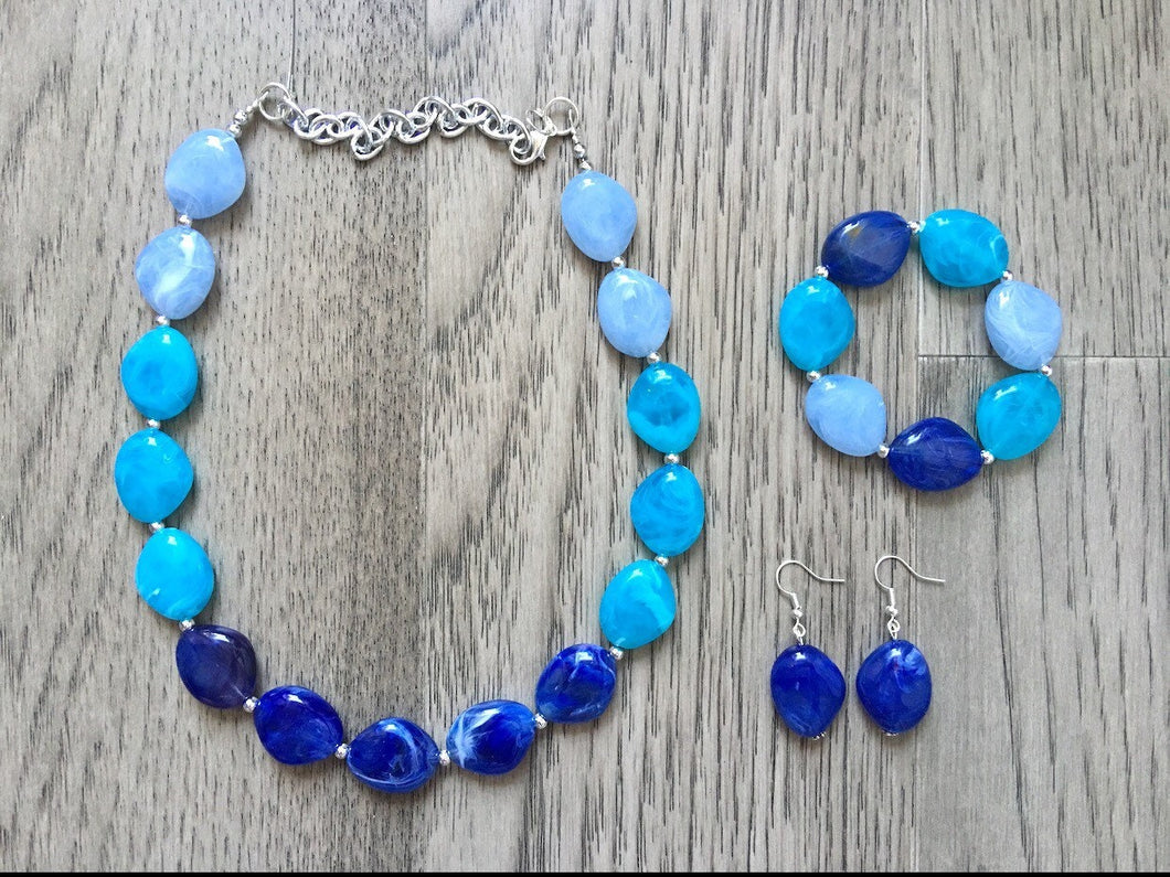 Blue Ombré Chunky Statement jewelry set, Big bib beaded jewelry, Single Strand Statement Necklace earrings, bridesmaid wedding, Magnolia