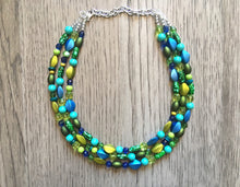 Load image into Gallery viewer, Blue &amp; Green Mermaid Chunky Statement Necklace, 3 Strand Beaded Jewelry, Blue Green jewelry, bridesmaid wedding jewelry, jewel tone mermaid