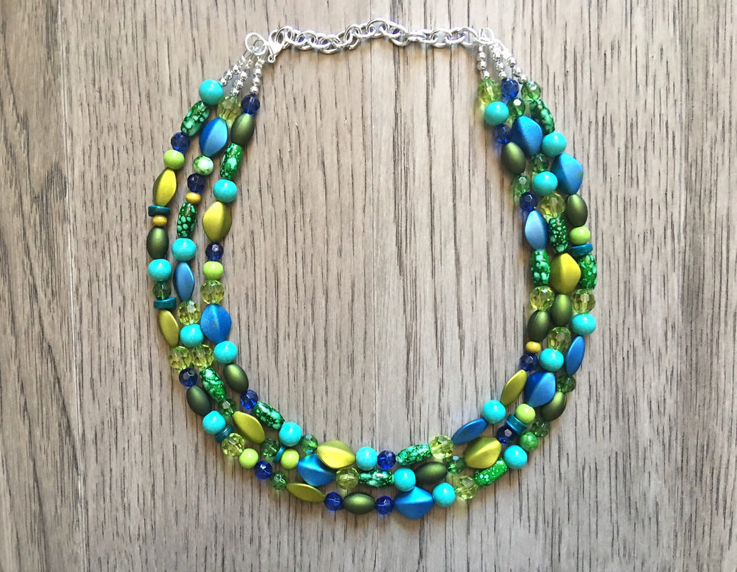 Blue & Green Mermaid Chunky Statement Necklace, 3 Strand Beaded Jewelry, Blue Green jewelry, bridesmaid wedding jewelry, jewel tone mermaid