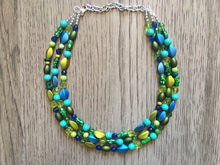 Load image into Gallery viewer, Blue &amp; Green Mermaid Chunky Statement Necklace, 3 Strand Beaded Jewelry, Blue Green jewelry, bridesmaid wedding jewelry, jewel tone mermaid