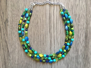 Blue & Green Mermaid Chunky Statement Necklace, 3 Strand Beaded Jewelry, Blue Green jewelry, bridesmaid wedding jewelry, jewel tone mermaid
