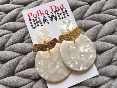 Shiny Gold & Creamy Statement Earrings, gold drop Metal Filigree Earrings, filigree jewelry, metallic jewelry earrings, metal geometric