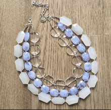 Load image into Gallery viewer, Sky Blue Beaded &amp; White Clear Resin statement necklace, chunky bead jewelry, periwinkle geometric round cream white sky blue
