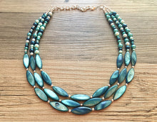 Load image into Gallery viewer, Chunky Multi Strand Blue Shell &amp; pearl Statement Necklace, turquoise oval beaded jewelry, shell necklace, blue jewelry, turquoise necklace