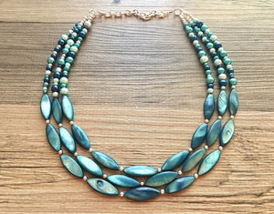 Chunky Multi Strand Blue Shell & pearl Statement Necklace, turquoise oval beaded jewelry, shell necklace, blue jewelry, turquoise necklace