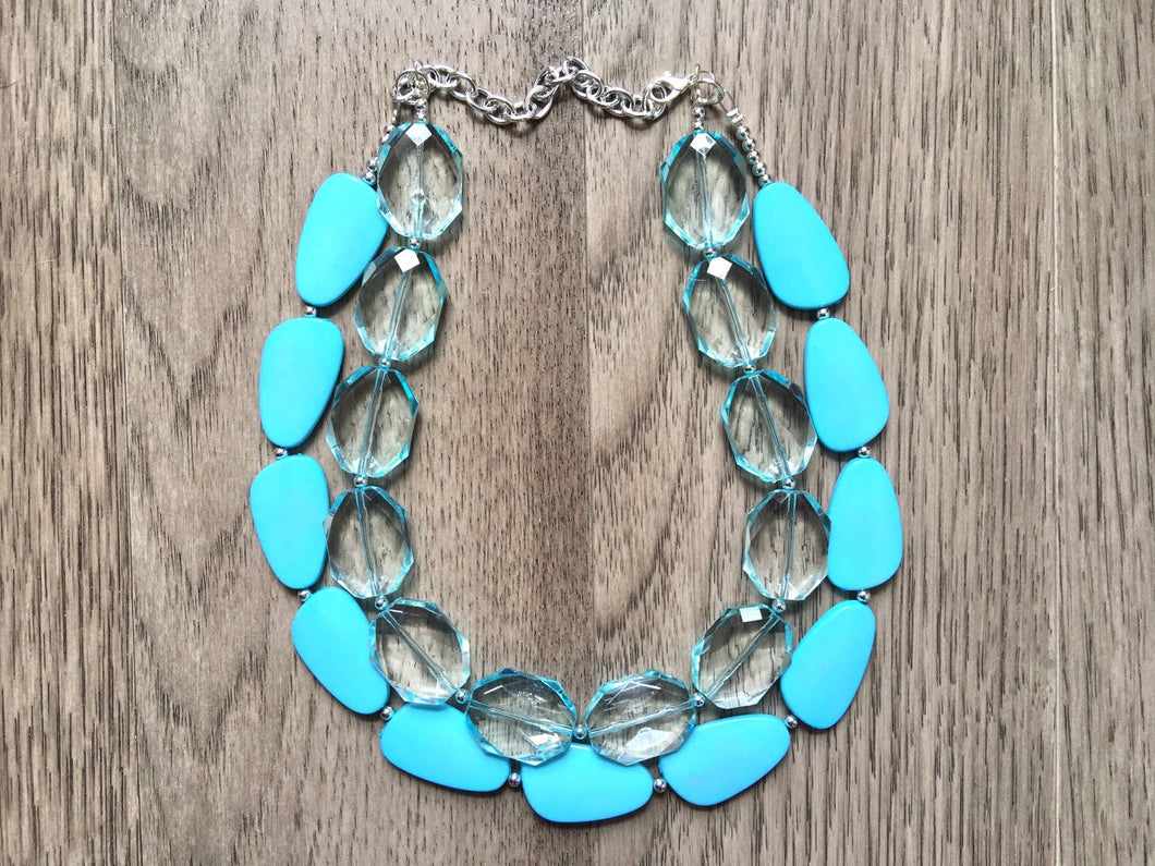 Sky Blue Necklace, double strand jewelry, big beaded chunky statement necklace, blue necklace, turquoise jewelry, resin jewelry
