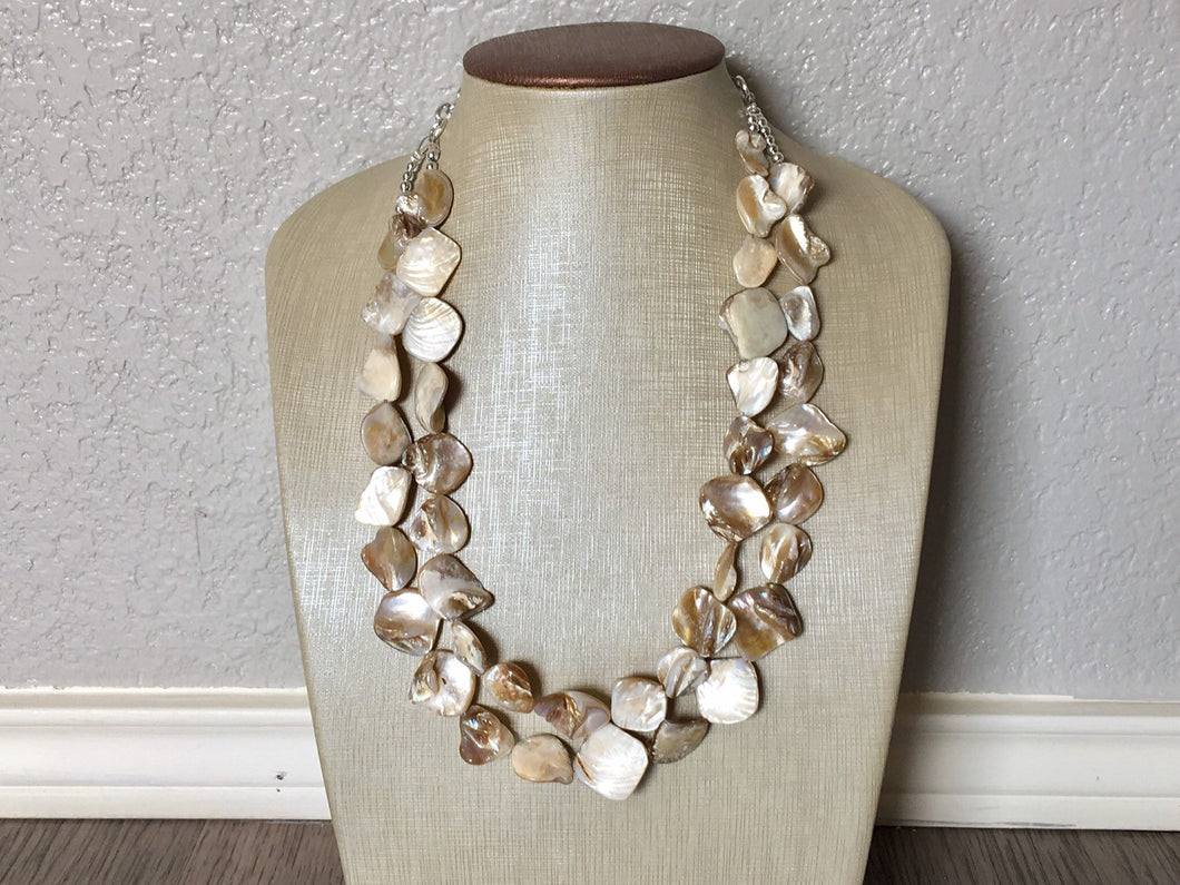 Chunky Double Strand Strand Coral Shell Statement Necklace, creamy tan beaded jewelry, shell necklace coral jewelry, white necklace