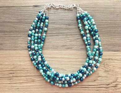 Chunky Blue Tone Statement Necklace, multi Strand Beaded Jewelry, Blue jewelry, mermaid necklace, blue ombre necklace, pearl necklace, blue
