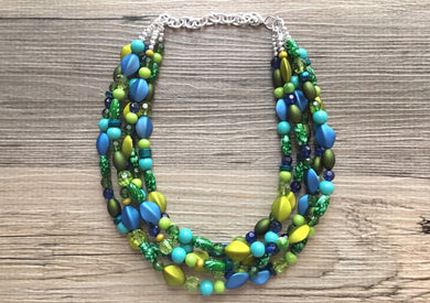 Blue & Green Mermaid Chunky Statement Necklace, 5 Strand Beaded Jewelry, Blue Green jewelry, bridesmaid wedding jewelry, jewel tone mermaid