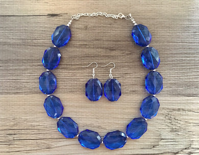 Royal blue Statement Necklace & Earring set, blue jewelry, Your Choice of GOLD or SILVER, navy bib chunky necklace, dark blue round necklace