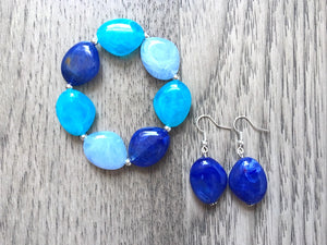 Blue Ombré Chunky Statement jewelry set, Big bib beaded jewelry, Single Strand Statement Necklace earrings, bridesmaid wedding, Magnolia