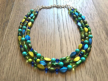 Load image into Gallery viewer, Blue &amp; Green Mermaid Chunky Statement Necklace, 3 Strand Beaded Jewelry, Blue Green jewelry, bridesmaid wedding jewelry, jewel tone mermaid