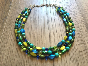 Blue & Green Mermaid Chunky Statement Necklace, 3 Strand Beaded Jewelry, Blue Green jewelry, bridesmaid wedding jewelry, jewel tone mermaid