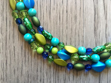 Load image into Gallery viewer, Blue &amp; Green Mermaid Chunky Statement Necklace, 3 Strand Beaded Jewelry, Blue Green jewelry, bridesmaid wedding jewelry, jewel tone mermaid