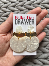 Load image into Gallery viewer, Shiny Gold &amp; Creamy Statement Earrings, gold drop Metal Filigree Earrings, filigree jewelry, metallic jewelry earrings, metal geometric