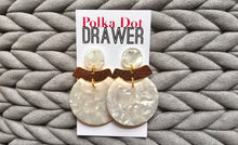 Load image into Gallery viewer, Shiny Gold &amp; Creamy Statement Earrings, gold drop Metal Filigree Earrings, filigree jewelry, metallic jewelry earrings, metal geometric